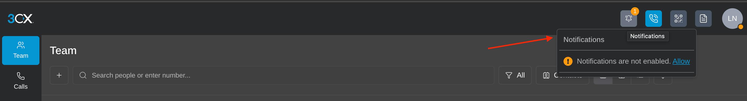Notifications panel showing 'Notifications are not enabled. Allow'