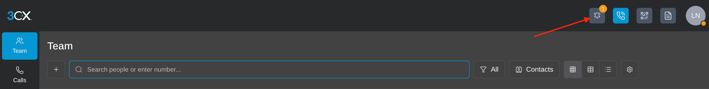 3CX Web Client top bar with the notifications bell icon highlighted