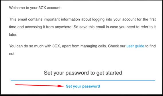 3CX welcome email with a blue 'Set your password' link