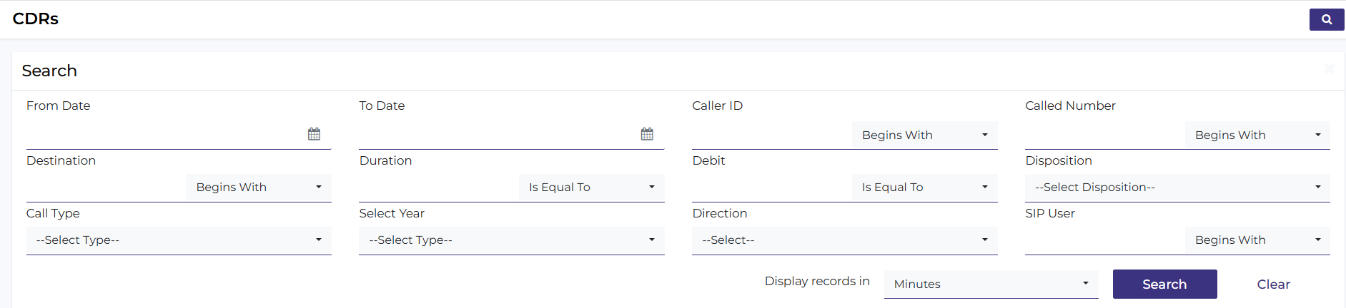 VSS CDR search form with From Date, To Date, Caller ID, Called Number, Destination, Duration, Debit, Disposition, Call Type, Select Year, Direction and SIP User fields, and a Search button