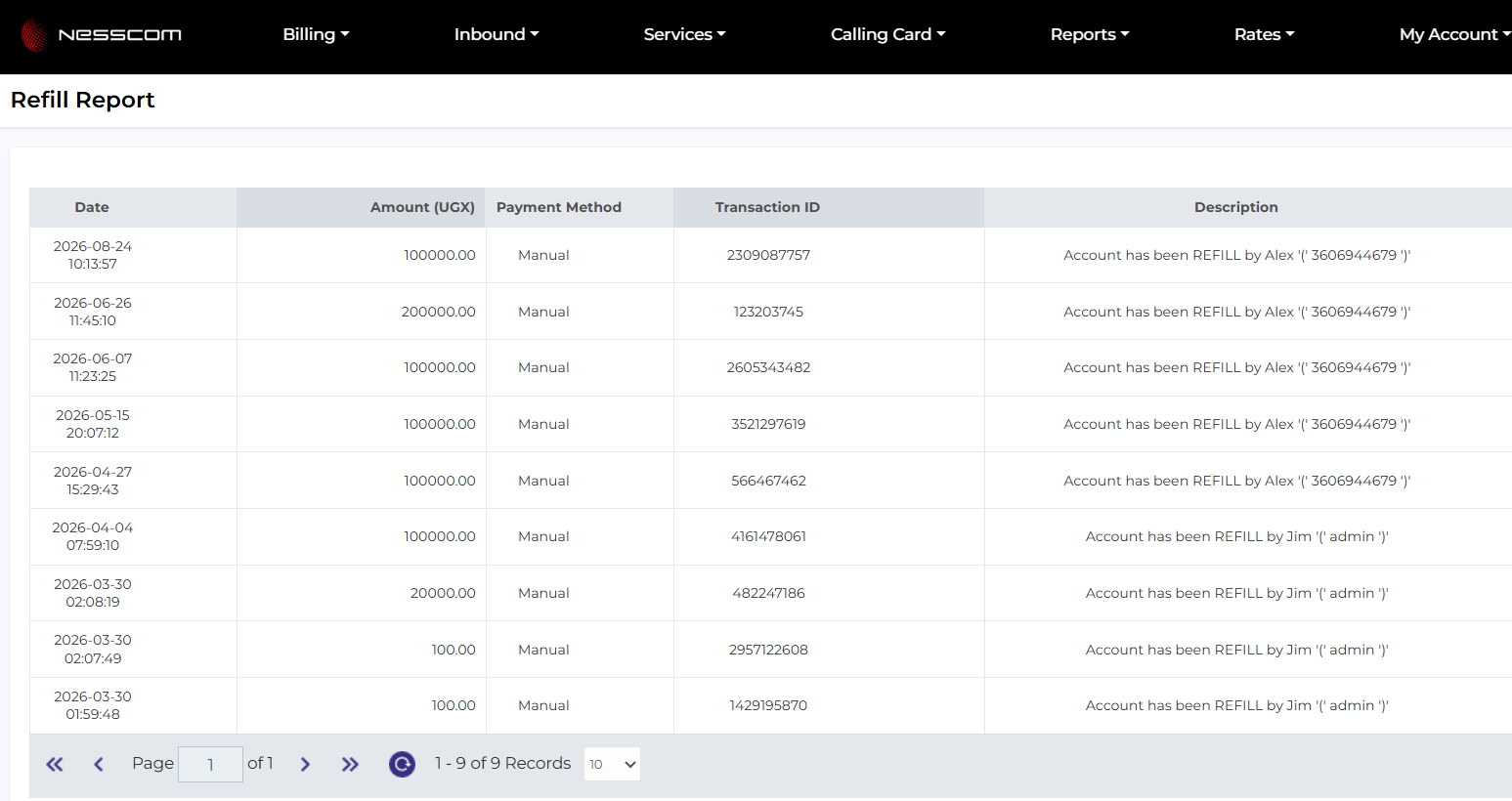 VSS Refill Report table showing date, amount in UGX, payment method, transaction ID and description columns