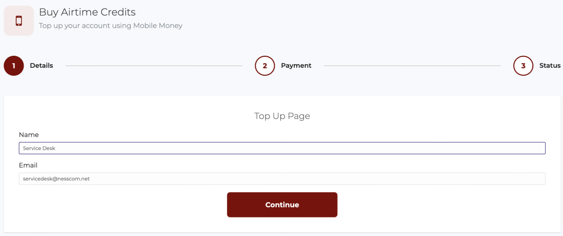 Buy Airtime Credits form, step 1 of 3, with Name and Email fields