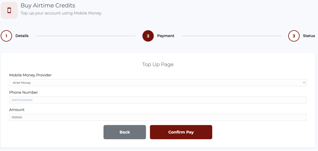 Buy Airtime Credits form, step 2 of 3, with Mobile Money Provider, Phone Number and Amount fields, and a Confirm Pay button